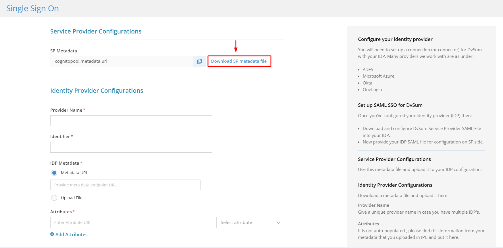 Download SP metadata screenshot